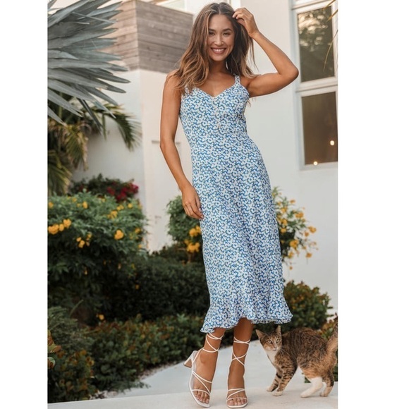 Lulu’s Darling Daisy Blue Floral Midi Dress Size Large Nwt - Picture 1 of 11